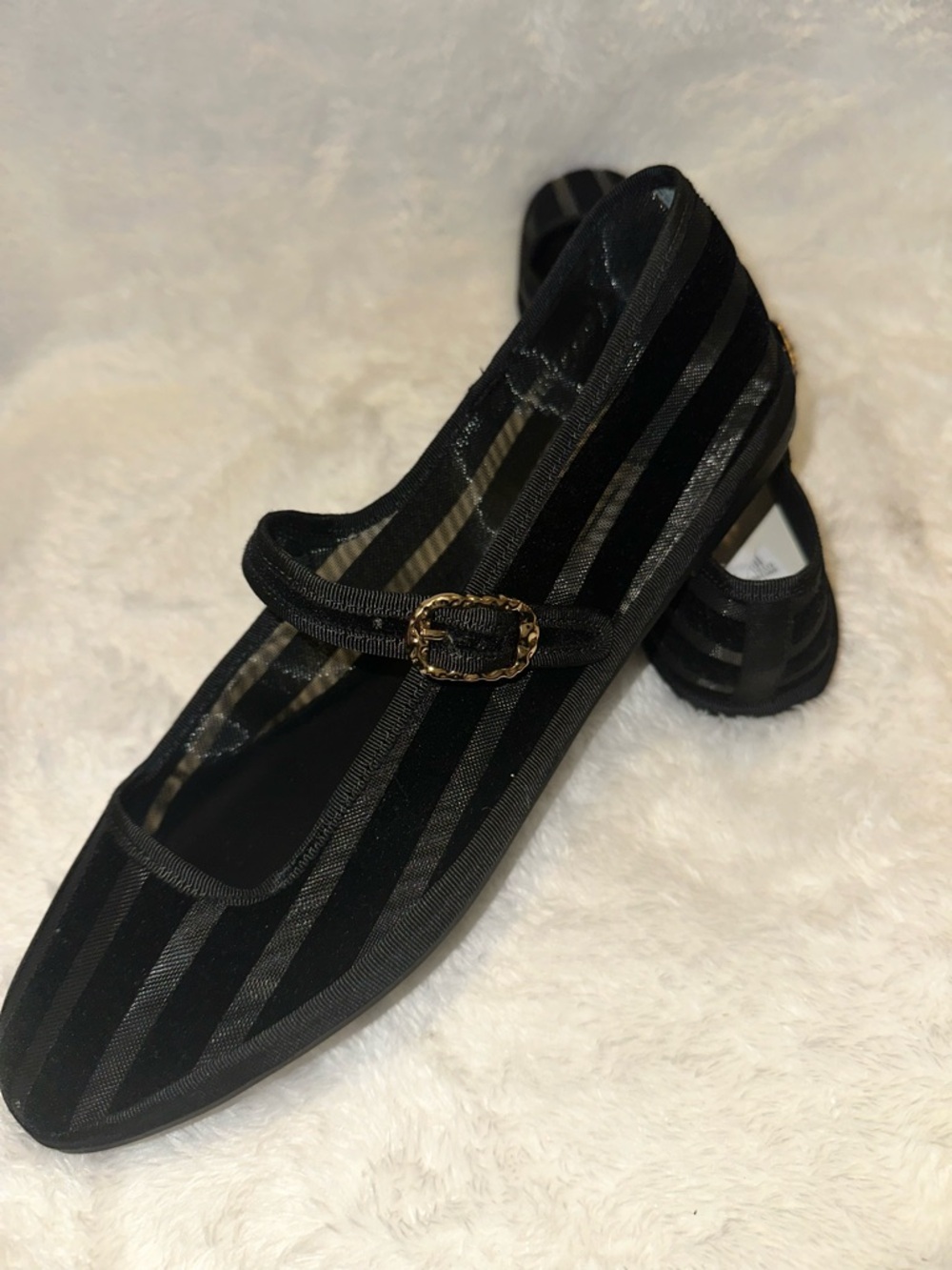 SOLD Dolce Vita Black Velvet Mary Jane Flats with Gold Buckle Detail